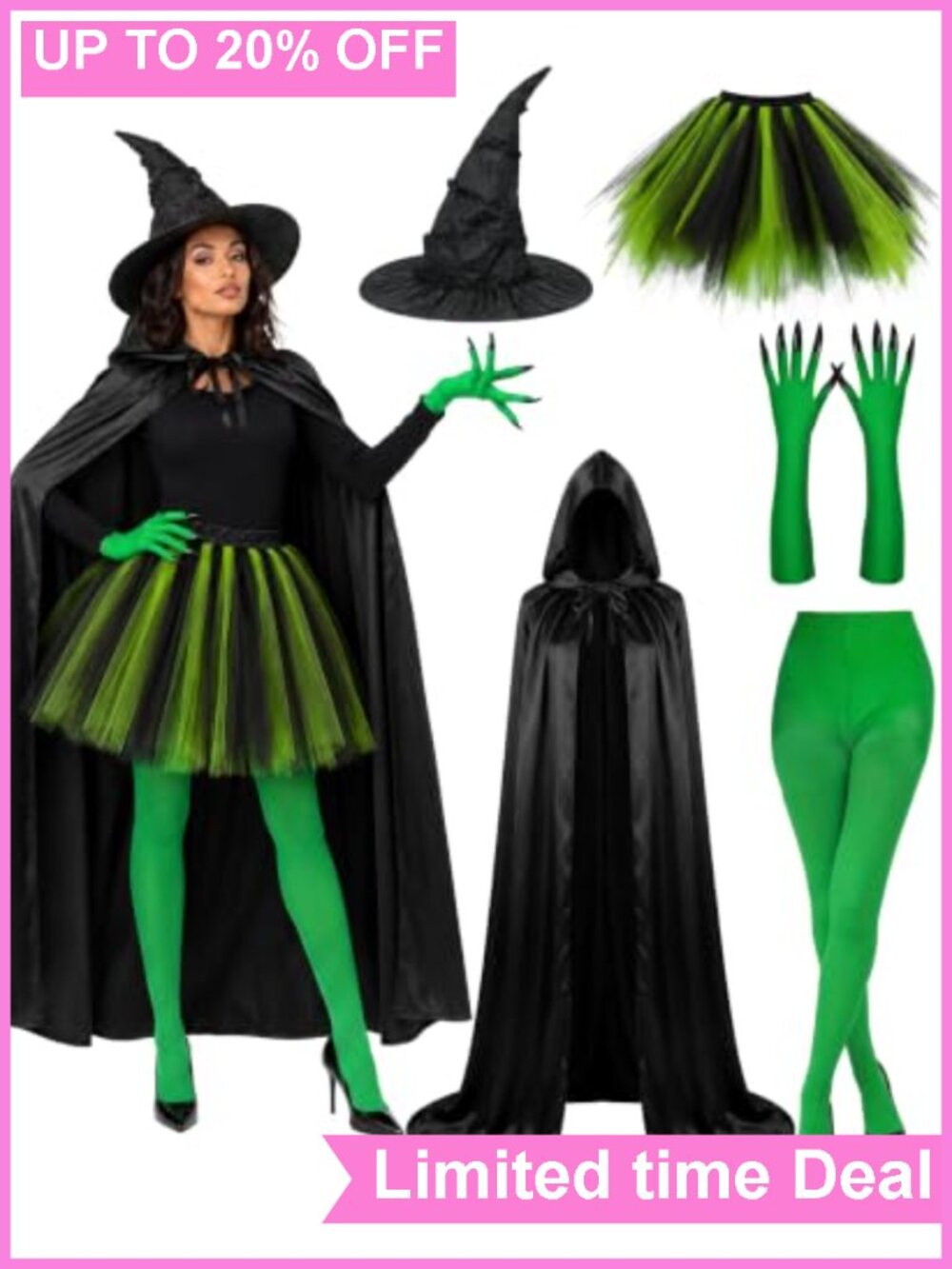 Women's 5-Piece Witch Costume Set Hooded Cape Hat Gloves Tights Tulle Skirt